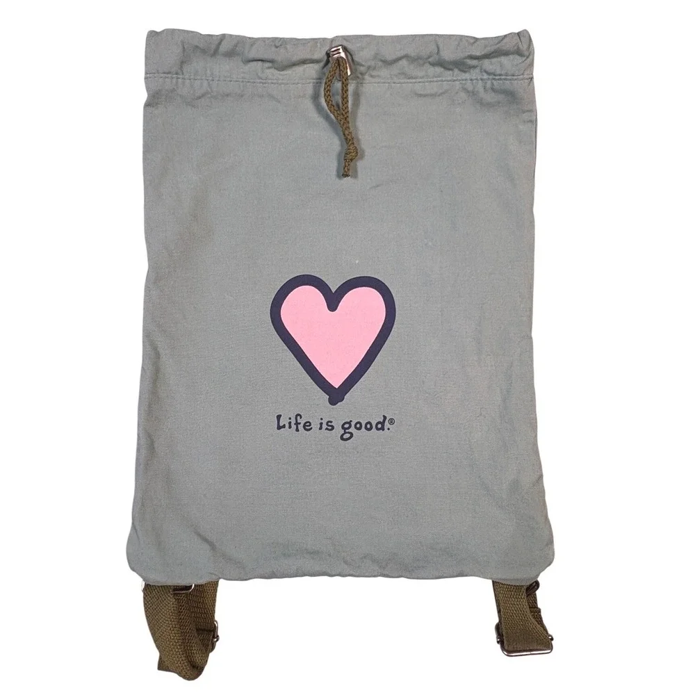 Life is Good Heart Canvas Drawstring Backpack Sage Green Pink Heart Bag